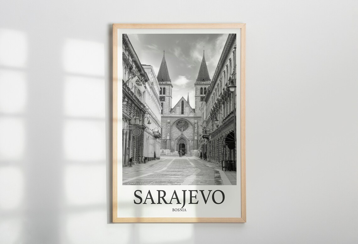 Sarajevo Bosnia Twin Spire Cathedral Street Black White Poster