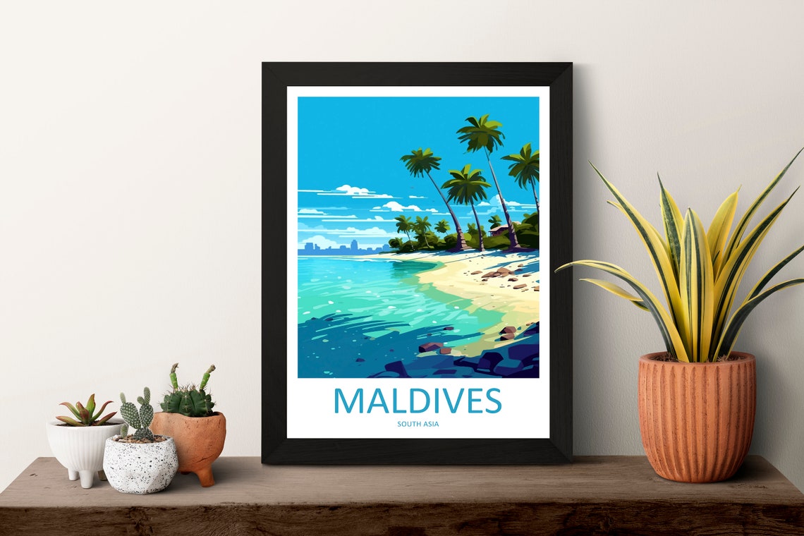 Maldives Tropical Beach With Palm Trees Illustrated Travel Poster - Image 3