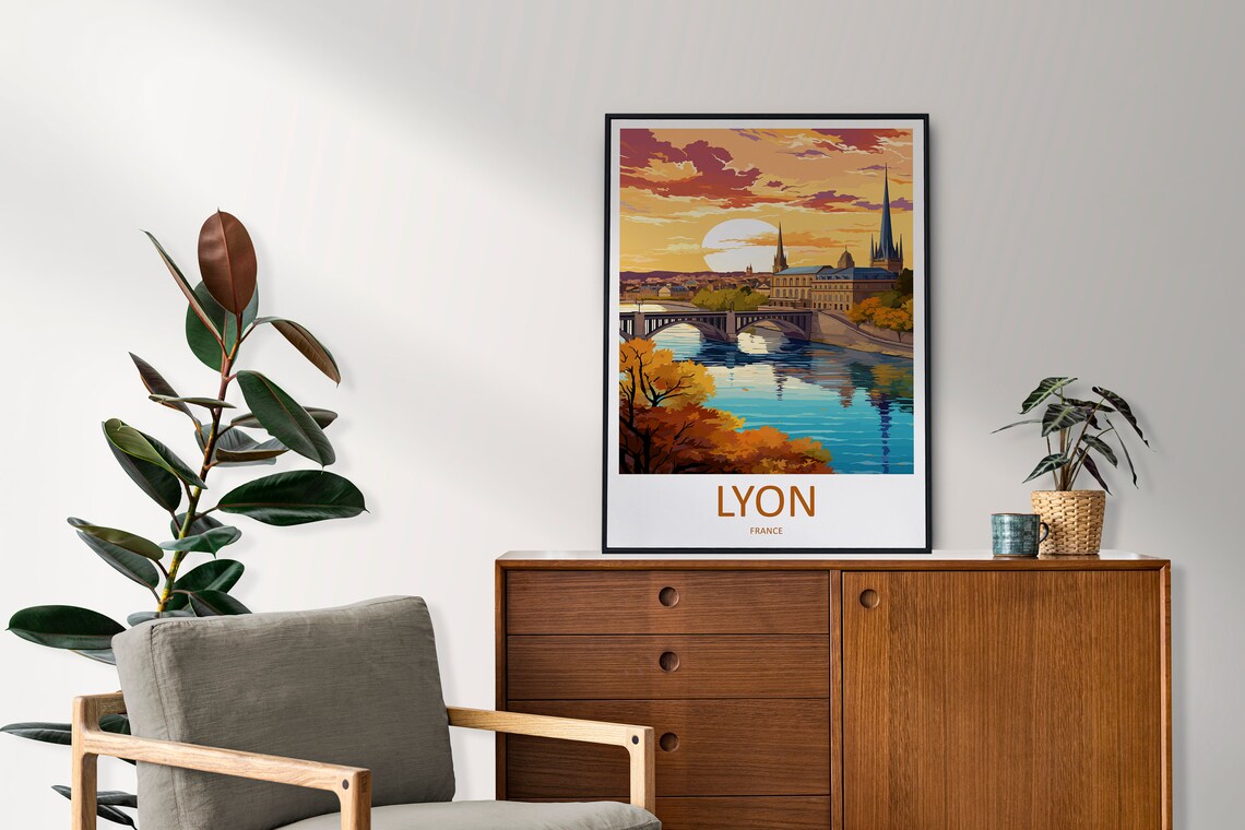 Lyon France Sunset River Bridge Cityscape Golden Hour Travel Poster - Image 2