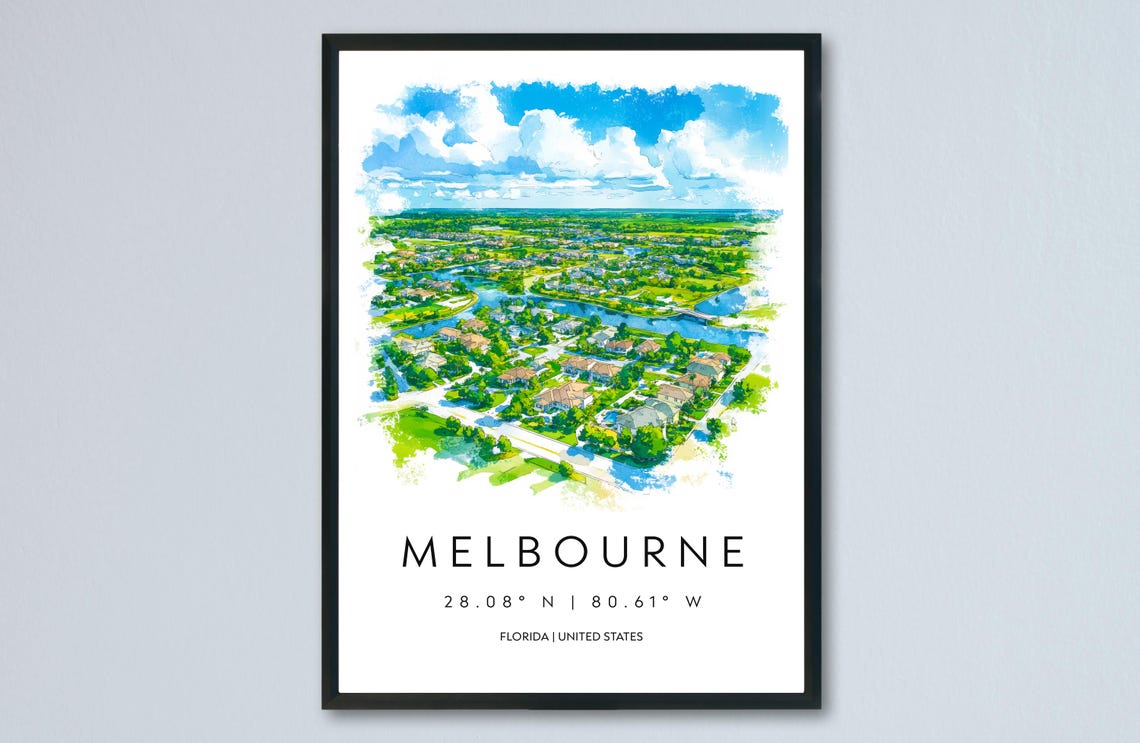 Melbourne Florida Aerial Watercolor Coastline City Travel Poster