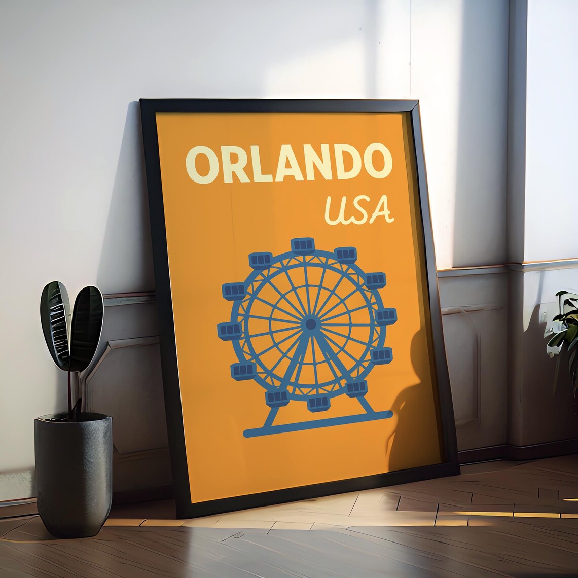 Orlando USA Retro Travel Poster Blue Ferris Wheel Minimal Pop Art