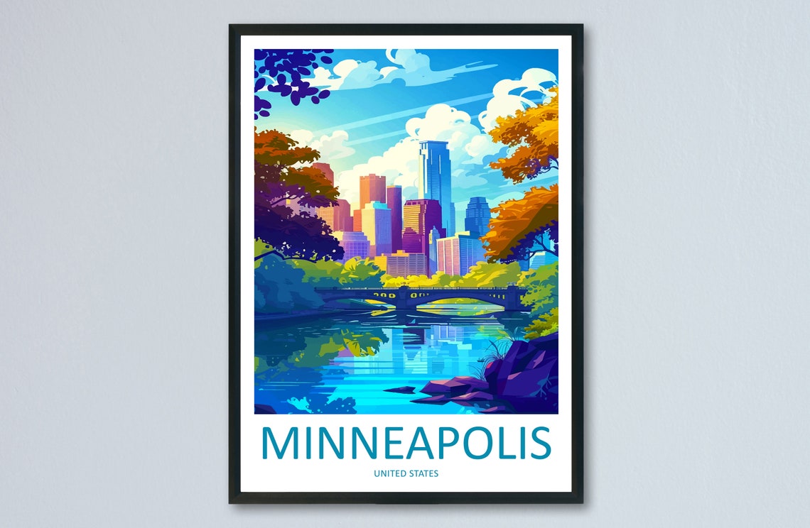 Minneapolis United States City Skyline River Vintage Art Poster