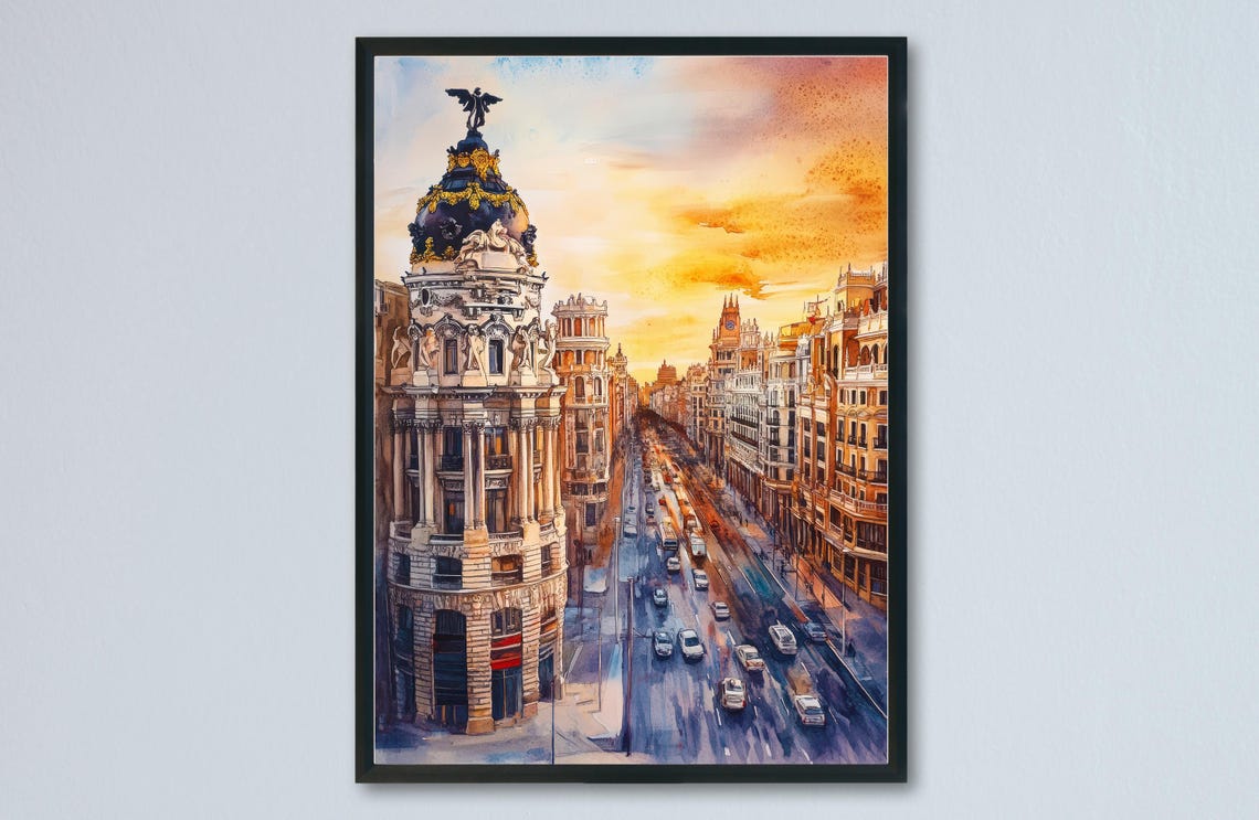 Madrid Gran Via Metropolis Building Sunset Watercolor Travel Poster