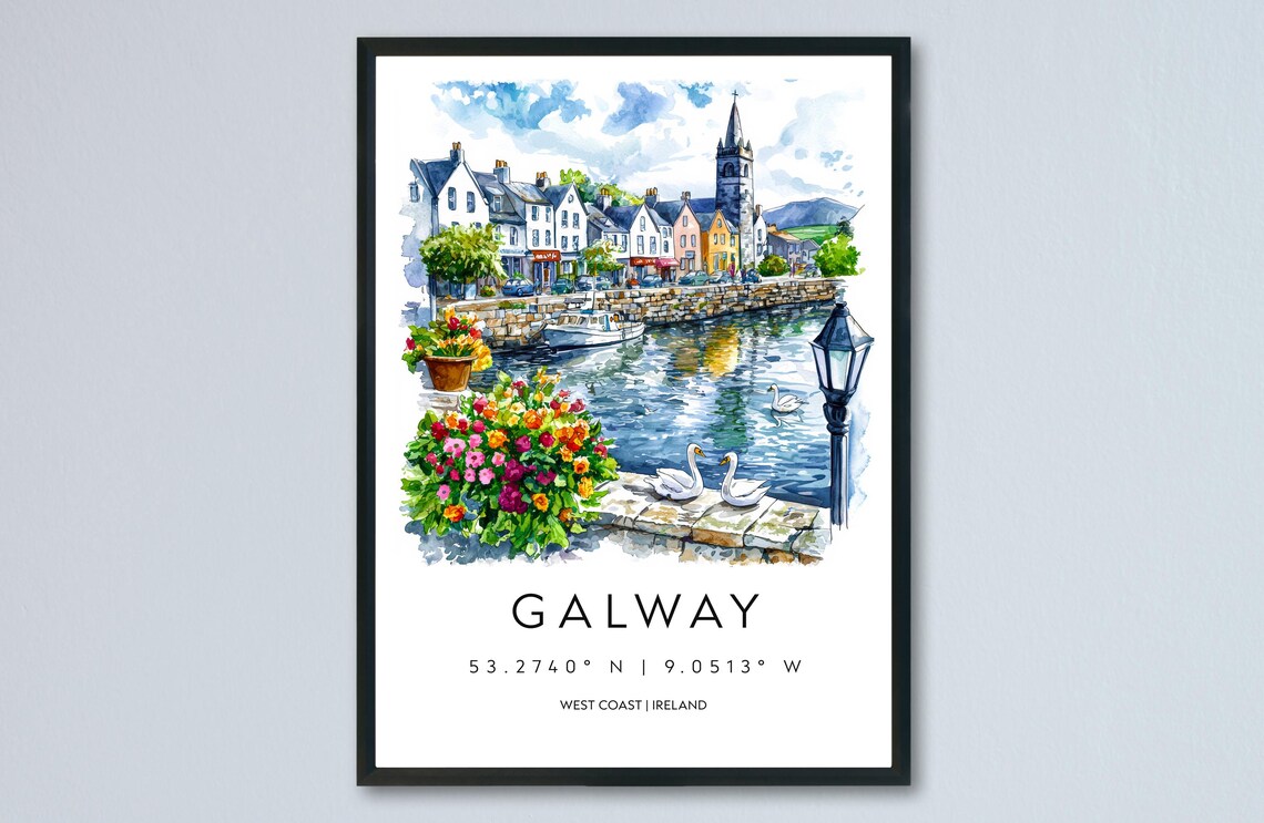 Galway Ireland Watercolor Travel Poster With Harbor Boats And Colorful Waterfront