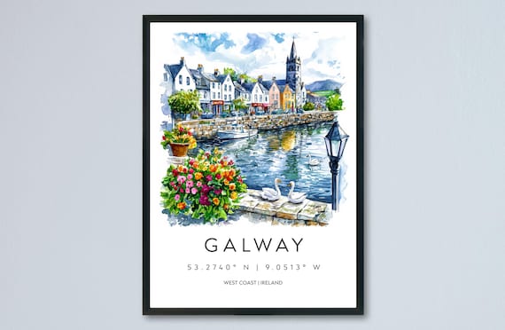 Galway Ireland Watercolor Travel Poster With Harbor Boats And Colorful Waterfront