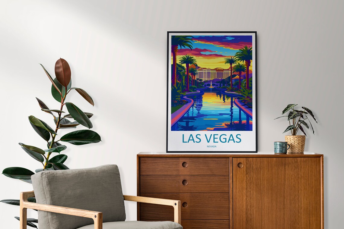 Las Vegas Nevada Poster with Fountain Lake and Palms at Sunset - Image 2