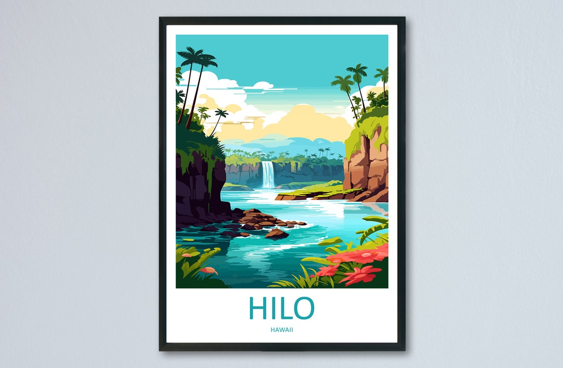 Hilo Hawaii Tropical Waterfall Lagoon Palm Cliffs Island Travel Poster