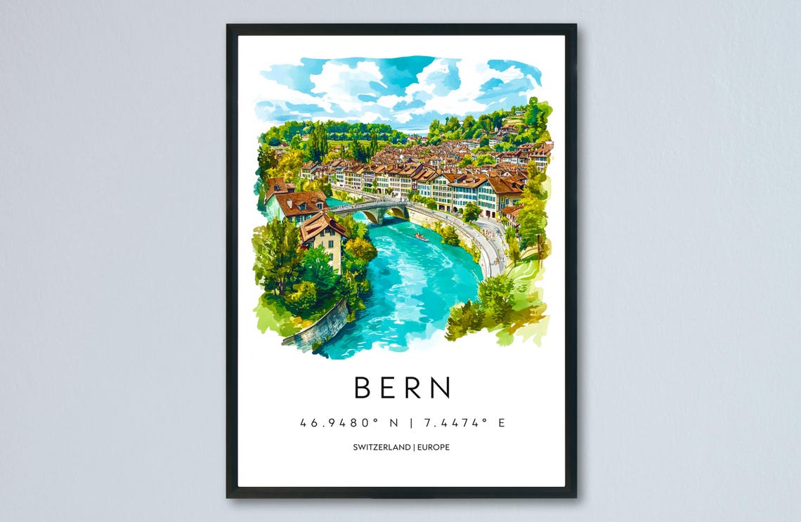 Bern Switzerland Historic Old Town River Loop Watercolor Poster