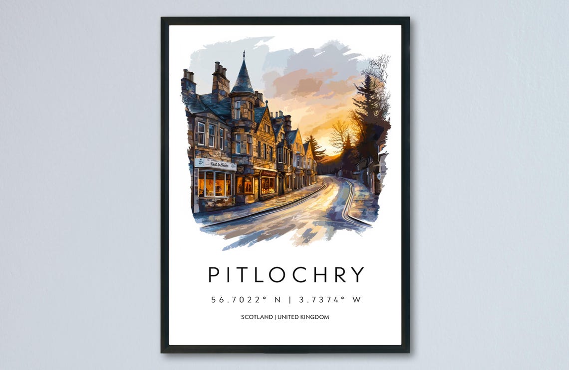 Pitlochry Scotland Victorian High Street Sunset Watercolor Art Poster