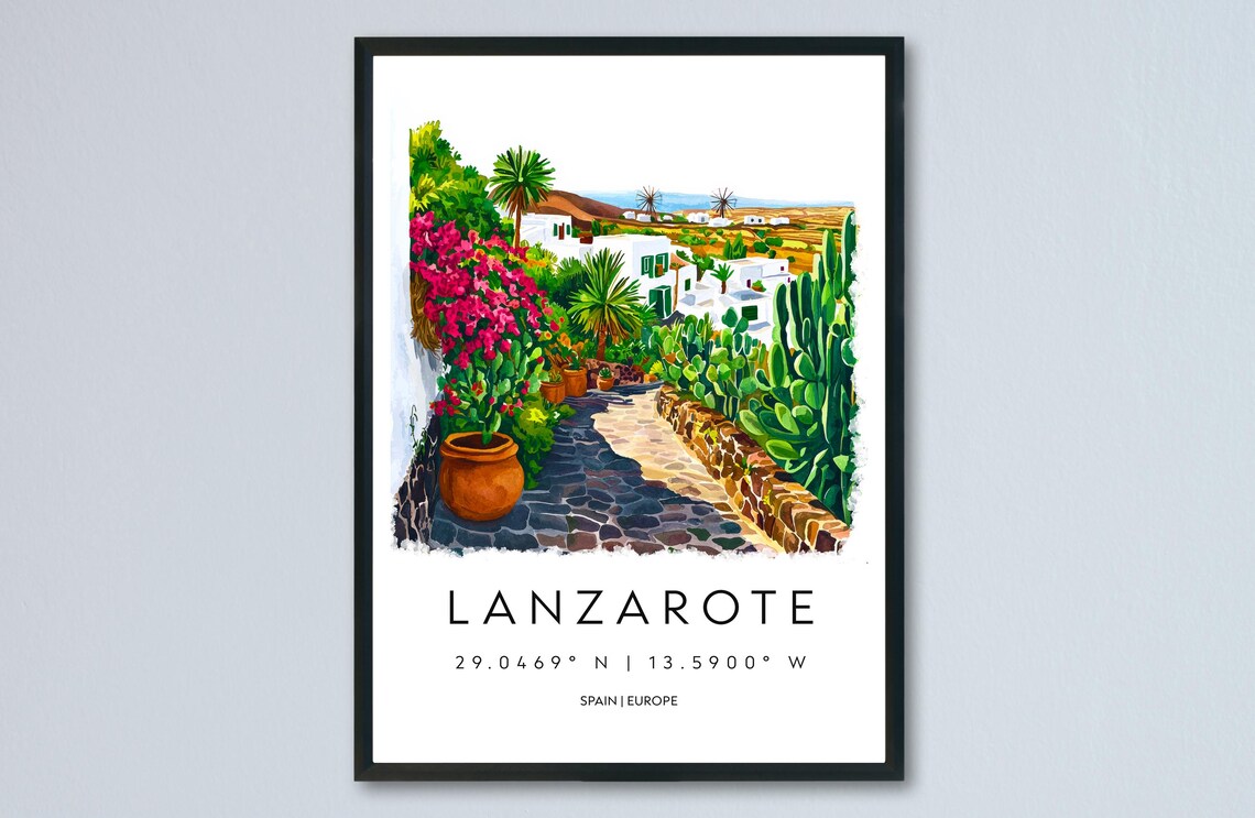 Lanzarote Spain Colorful Village Street Watercolor Travel Poster