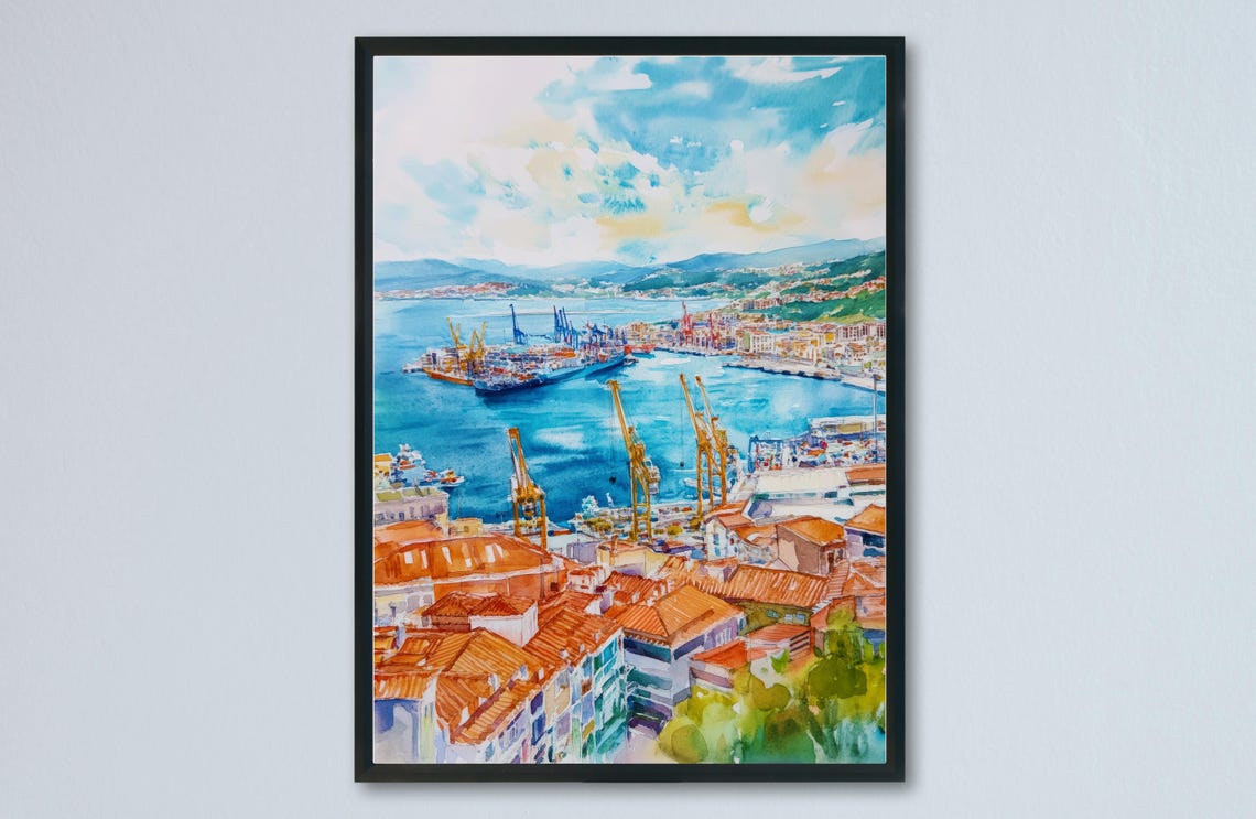 Vigo Spain Harbor Cranes Red Rooftops Watercolor Cityscape Poster
