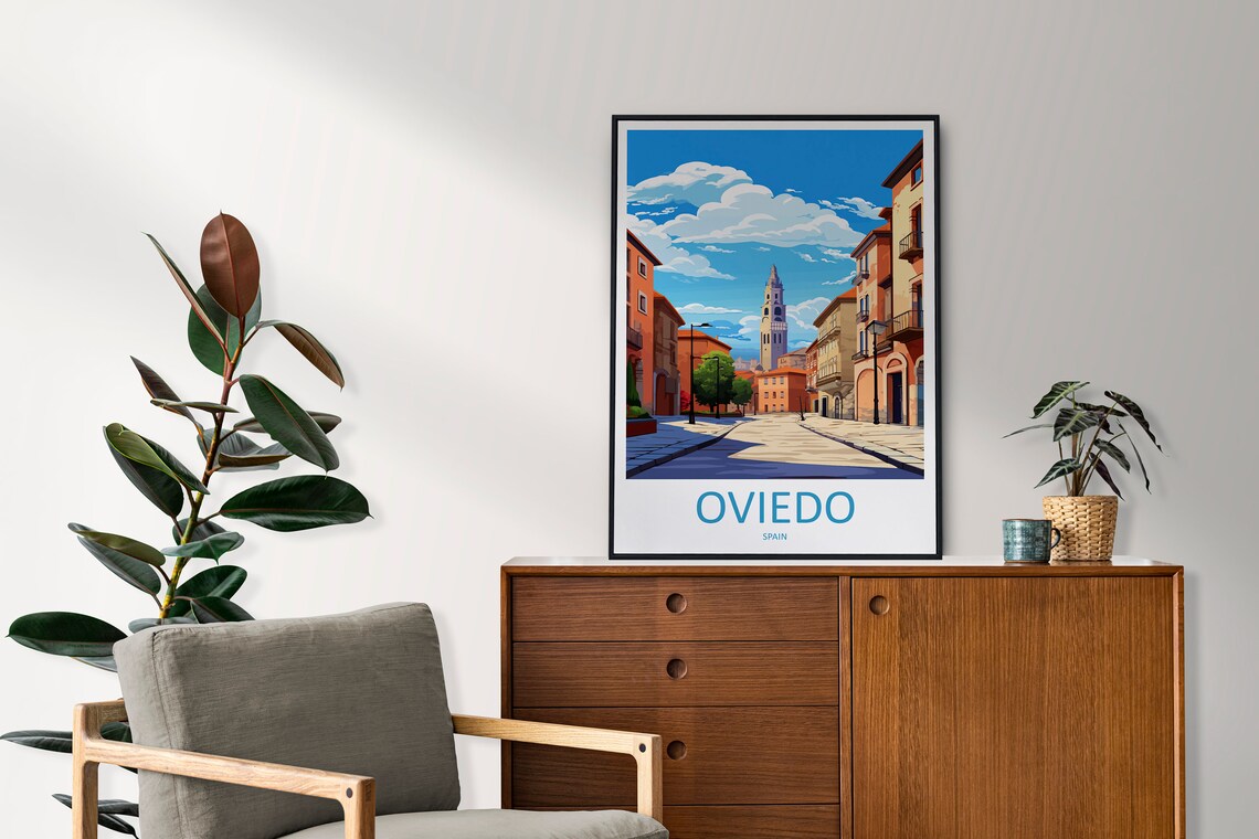 Oviedo Spain Sunlit Old Town Street Plaza Bright Travel Poster - Image 2