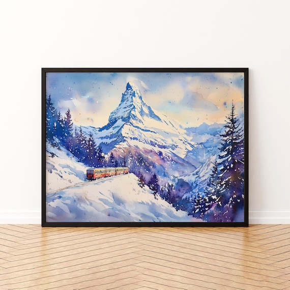 Zermatt Matterhorn Winter Watercolor Red Train Snowy Alps Print