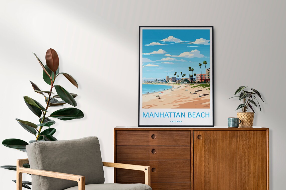 Manhattan Beach Sunny Shoreline Palm Trees California Travel Poster - Image 2