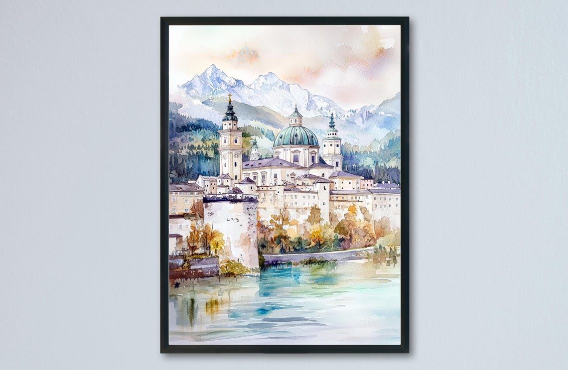 Austria Riverside Old Town Cathedral Mountain Watercolor Poster