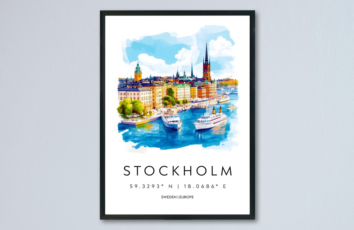 Stockholm Sweden Harbor Ferries Watercolor Travel Art Poster