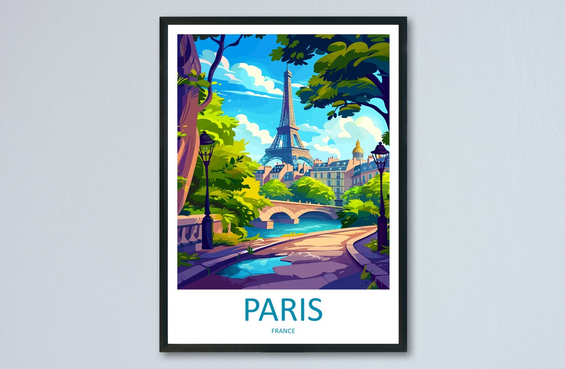 Paris France Eiffel Tower Riverside Path Bridge Spring Greens Poster