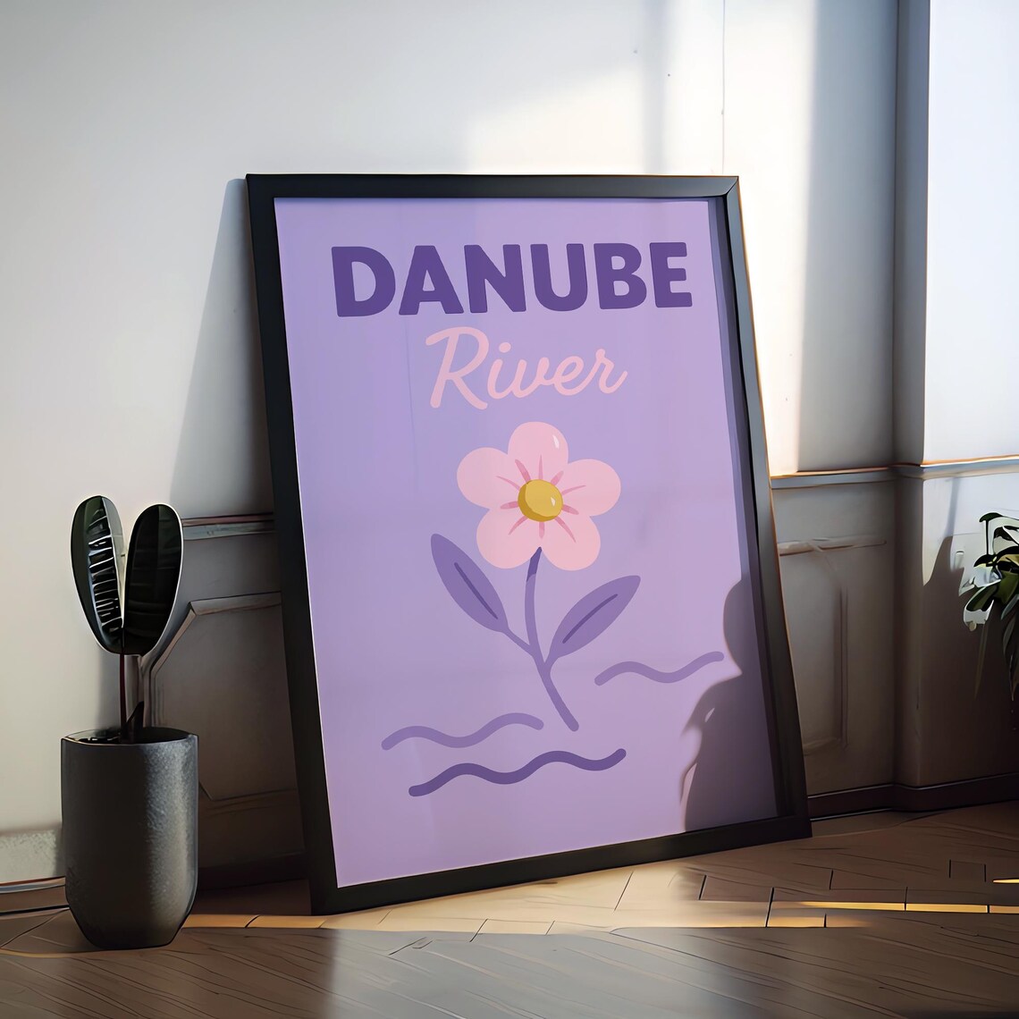 Danube River Europe Retro Travel Poster Pink Flower Minimal Art
