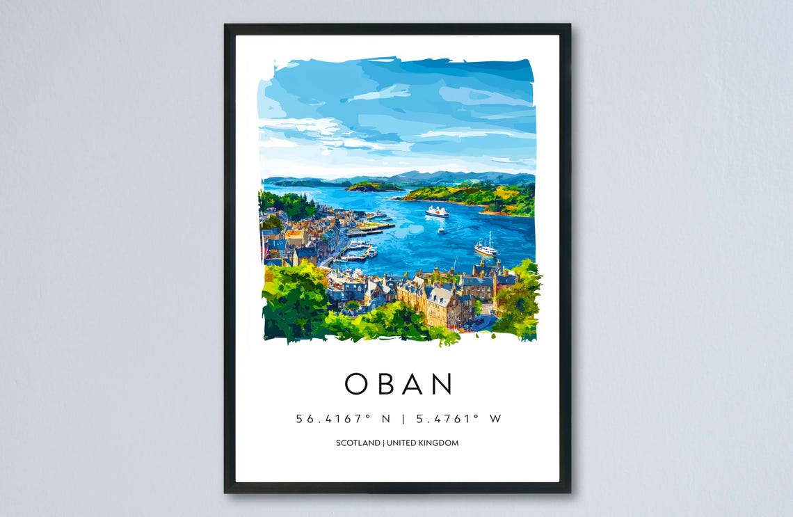 Oban Scotland Harbour Bay Ferries Coastal Town Watercolor Poster