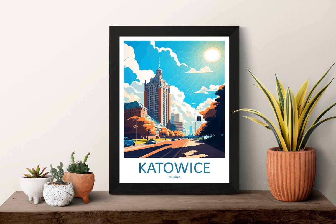 Katowice Poland Modern Downtown Tower Sunny Boulevard Travel Poster - Image 3