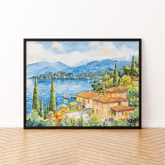 Lake Maggiore Italy Lakeside Villas Cypress Watercolor Poster