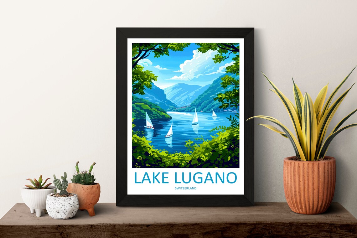 Lake Lugano Switzerland Sailboats Mountain Lake Vista Poster - Image 3