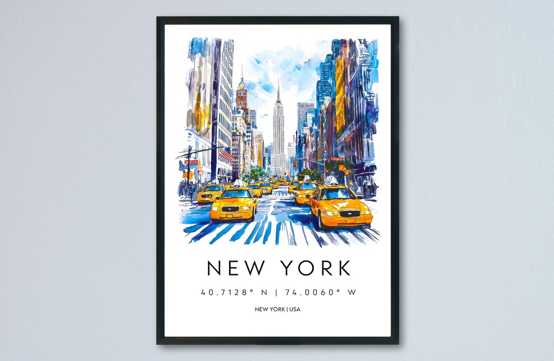 New York City Yellow Taxis Watercolor Travel Souvenir Poster