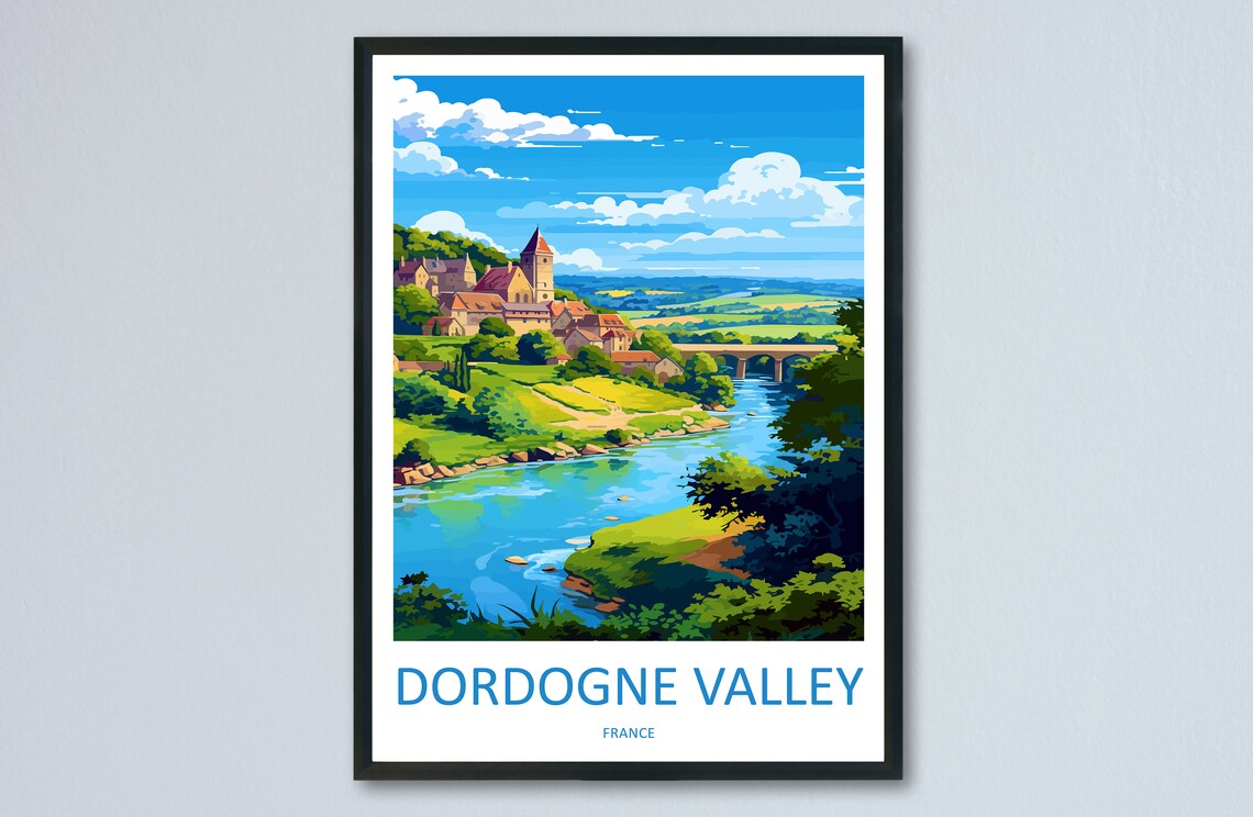 Dordogne Valley France River Village Landscape Illustration Poster