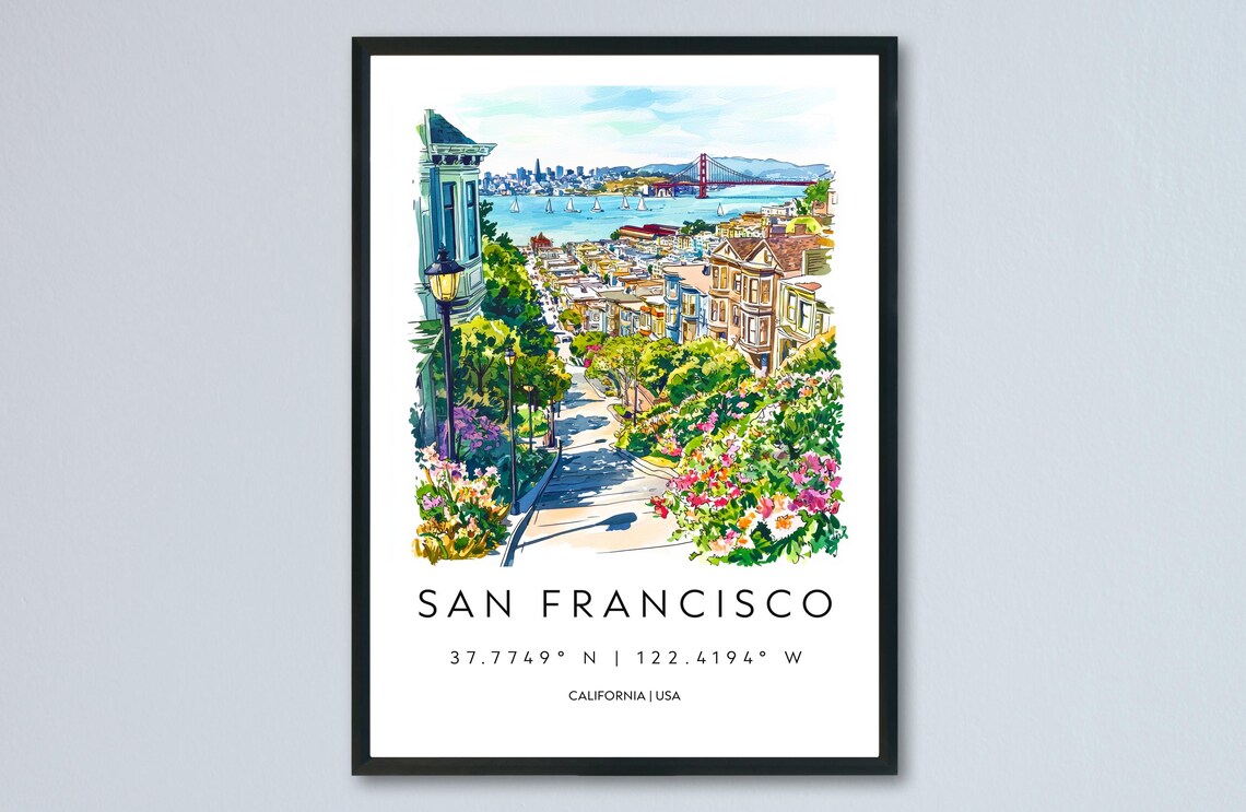 San Francisco Golden Gate Bridge Hills Watercolor Travel Poster