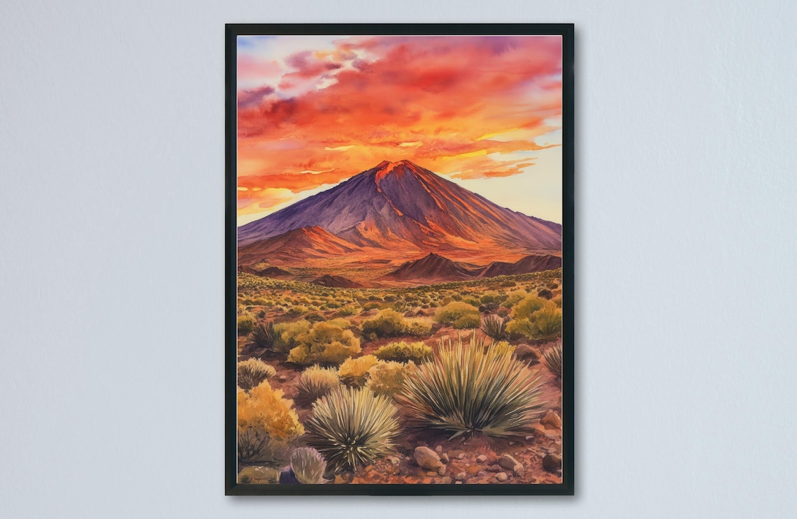 Mount Teide Tenerife Volcano Fiery Sunset Watercolor National Park Poster