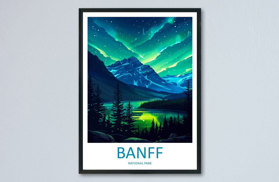 Banff National Park Illustrated Night Aurora Mountain Lake Travel Art Poster