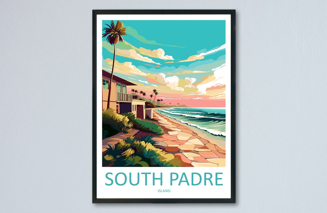 South Padre Island Beach Sunset Retro Travel Illustration Poster