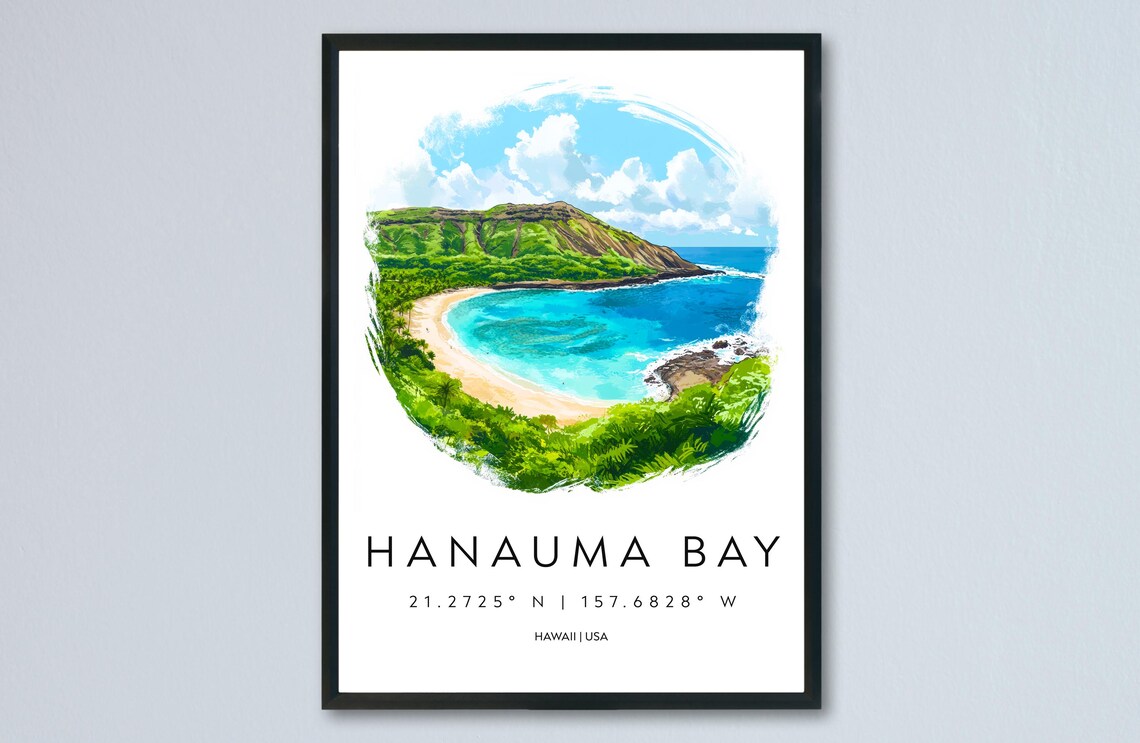 Hanauma Bay Turquoise Beach Hawaii Scenic Watercolor Travel Poster