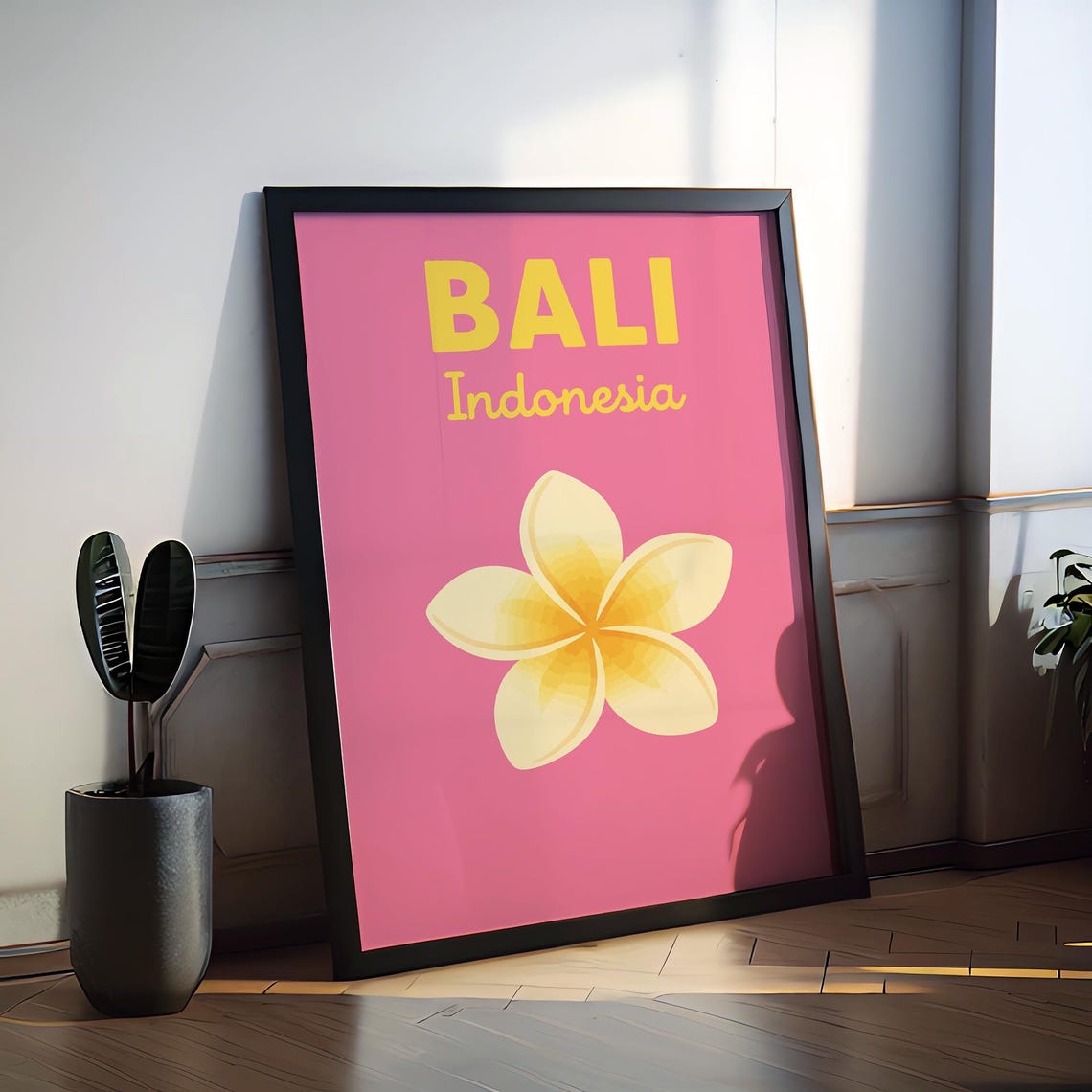 Bali Indonesia Yellow Frangipani Tropical Retro Travel Poster