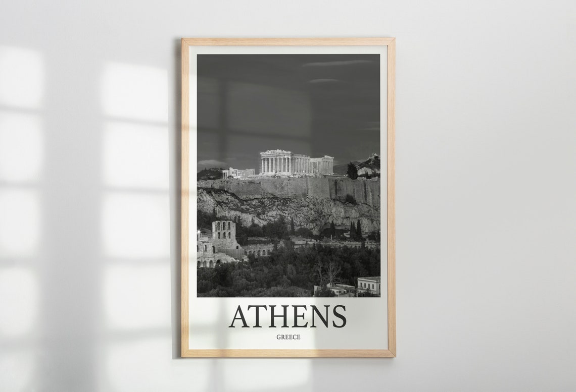 Athens Greece Illuminated Acropolis Night Black White Photo Wall Art