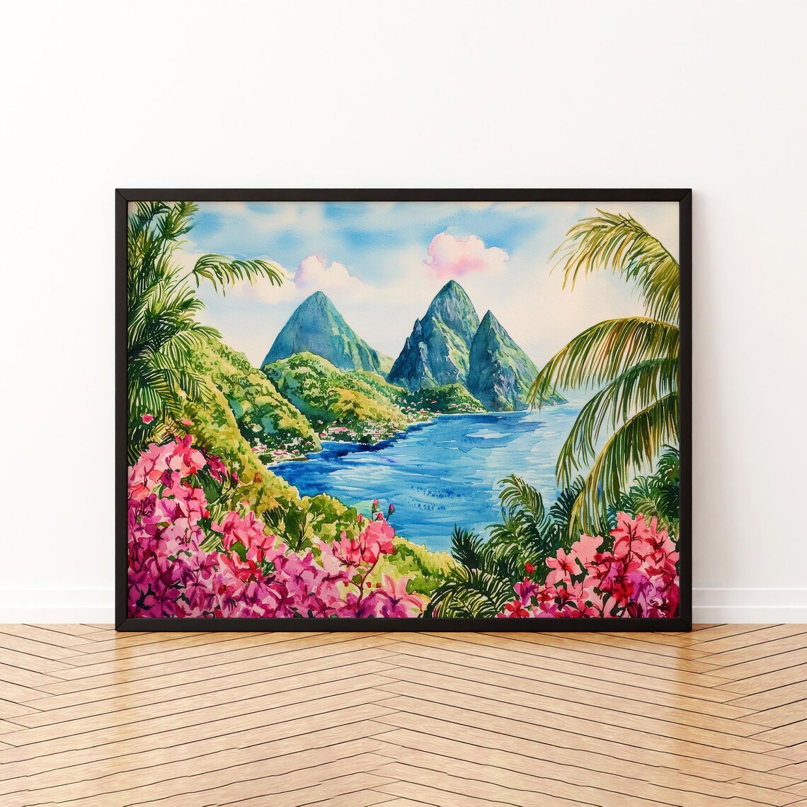 Saint Lucia Watercolor Travel Poster, Caribbean Landscape