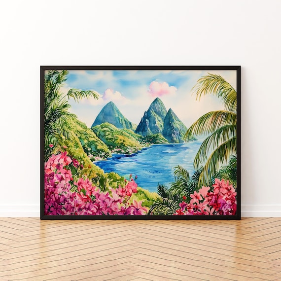 Saint Lucia Watercolor Travel Poster, Caribbean Landscape