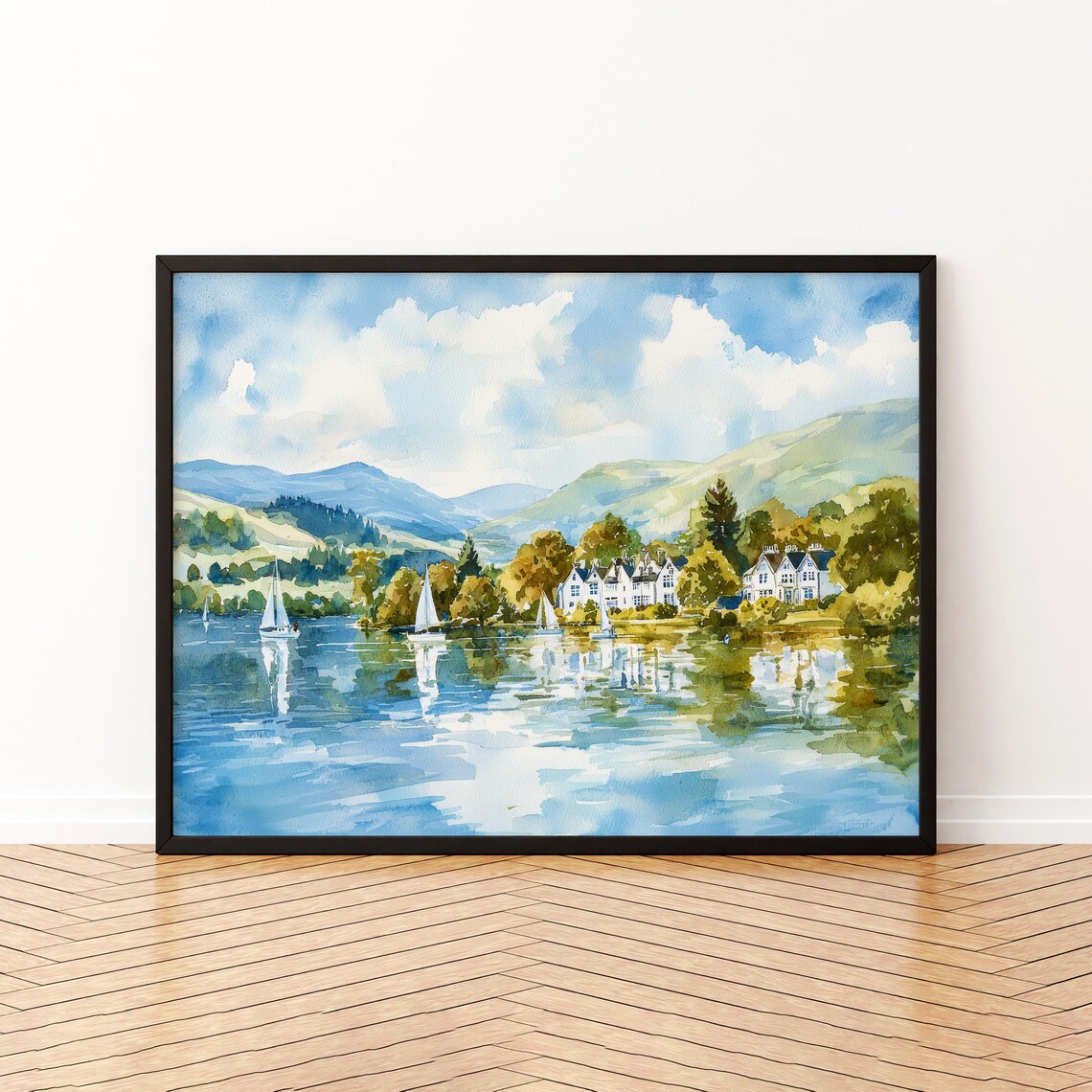 Windermere England Sailboats Lake Shore Hills Watercolor Poster
