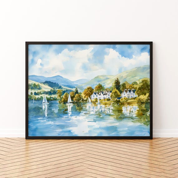 Windermere England Watercolor Poster Travel Print Lake District Painting Mountain Wall Art Uk Souvenir