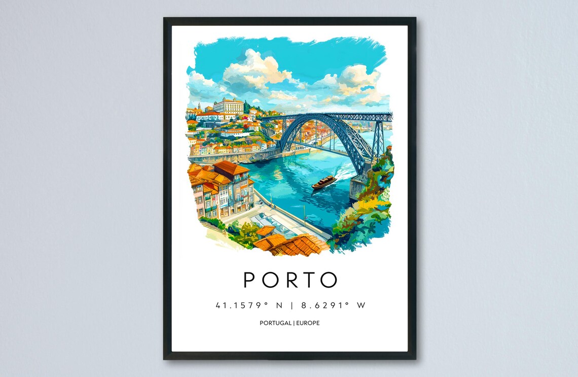 Porto Portugal Dom Luis Bridge Watercolor Riverside Travel Poster