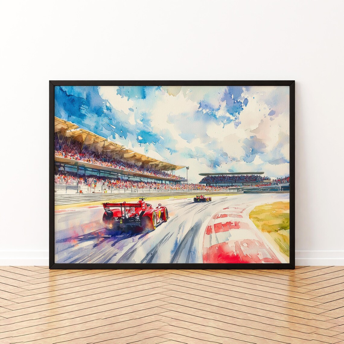 Silverstone Formula 1 Race Red Car Grandstand Watercolor Motorsport Poster