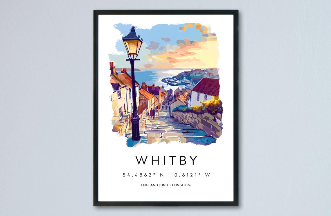 Whitby England Harbor Steps Sunset Lamppost Watercolor Poster