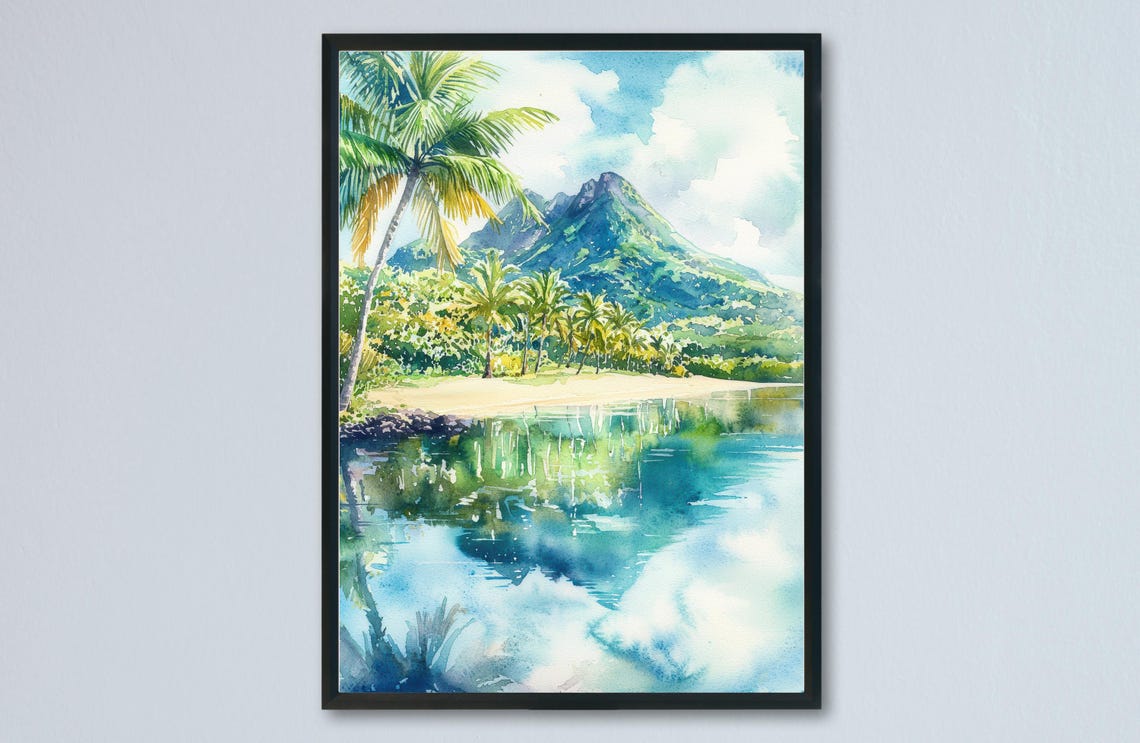 Mauritius Tropical Beach Palm Trees Mountain Lagoon Watercolor Poster