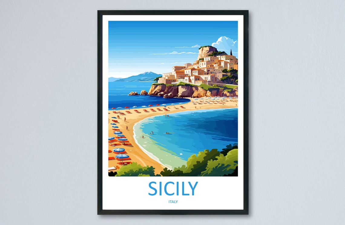 Sicily Italy Coastal Town Cliff Beach Umbrellas View Scene Poster