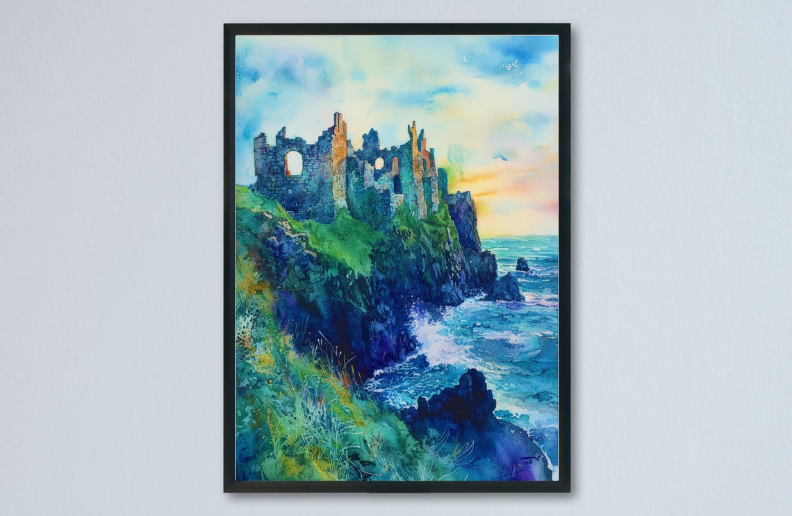 Dunluce Castle Ruins Coastal Cliffs Sunset Ireland Watercolor Poster