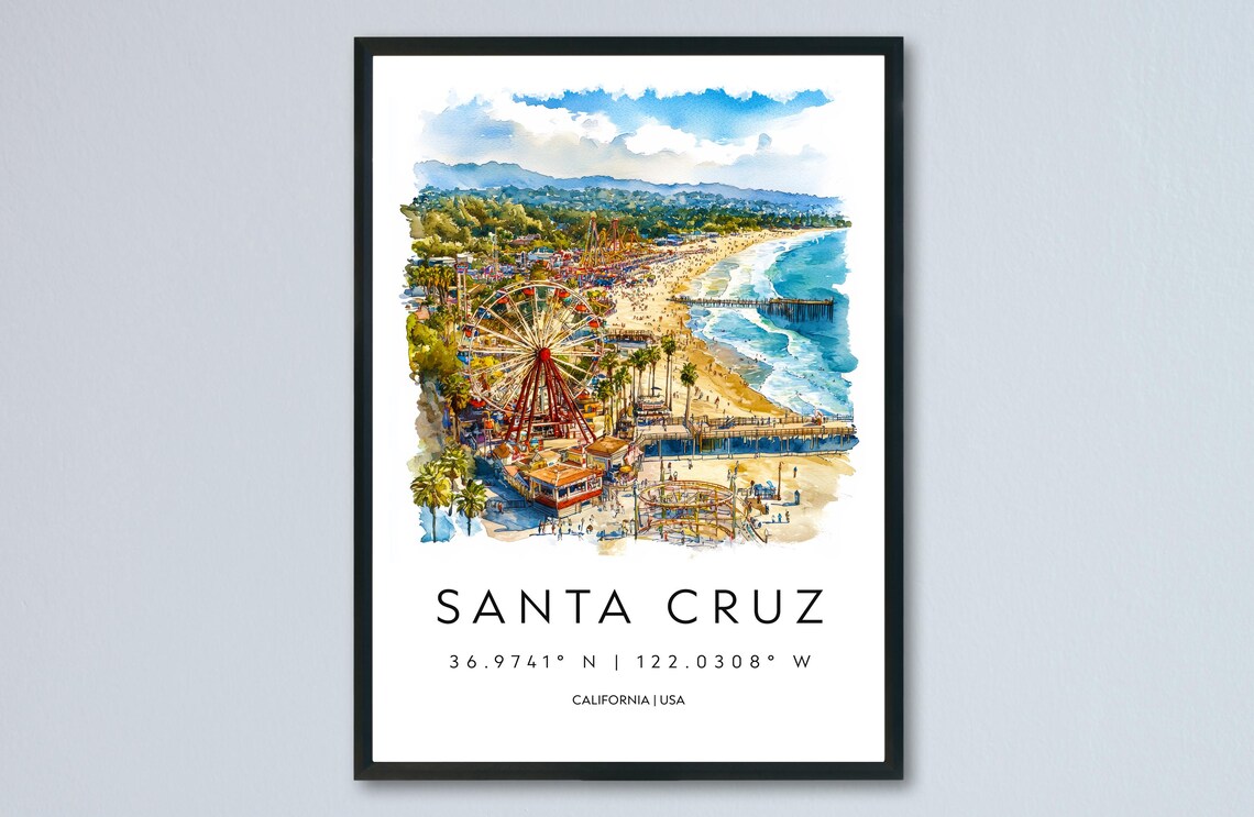 Santa Cruz Watercolor California Beach Boardwalk Pier Travel Poster