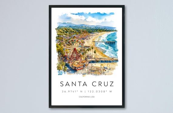 Santa Cruz Watercolor California Beach Boardwalk Pier Travel Poster