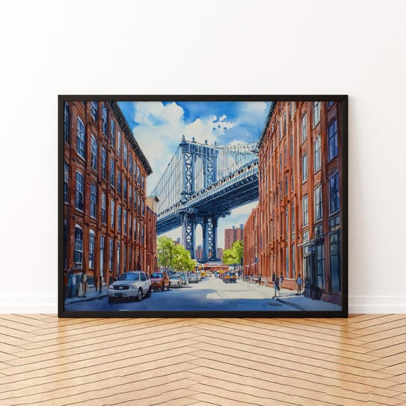 Brooklyn Bridge New York Watercolor Poster Travel Print Nyc Landmark Painting City Skyline Wall Art Usa Souvenir