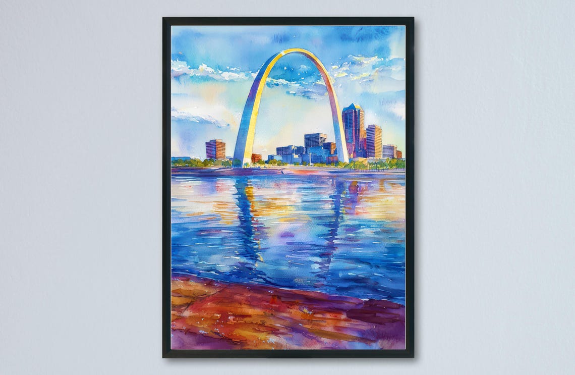 Gateway Arch Watercolor St Louis Skyline Sunset Reflection Poster