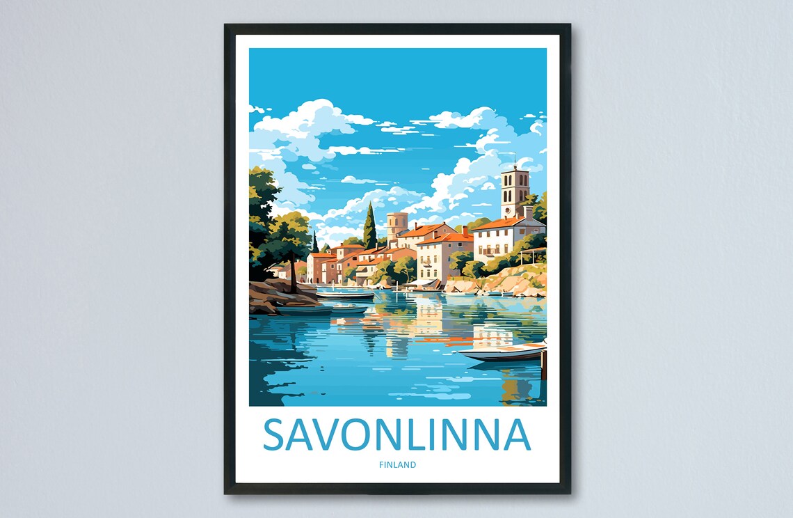 Savonlinna Finland Lakeside Church Tower Old Town Travel Poster